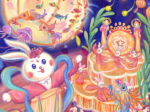 中秋欢庆花灯肌理风插画