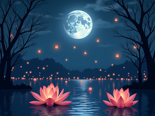 中元节高清设计素材圆月灯笼荷花花灯