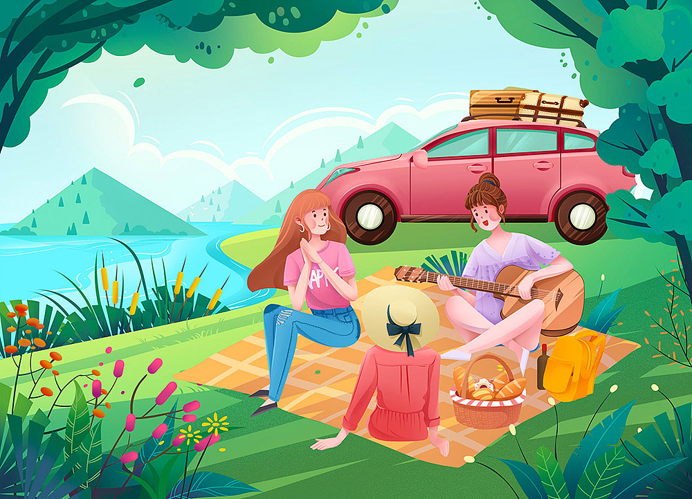 一起旅游扁平渐变插画