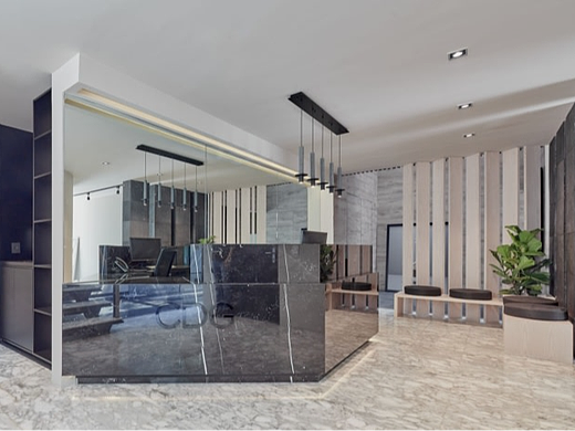 办公室室内装修：接待处以覆盖着镜子的墙壁为高潮 营造出宽敞的感和优雅的审美