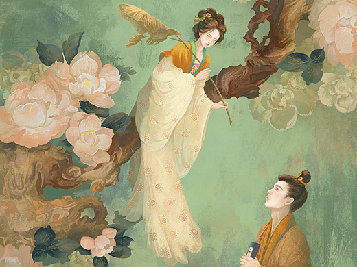 手绘插画|枝头仙子笑，抛花逗书生