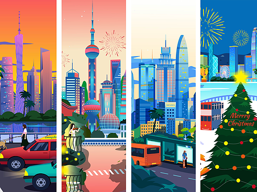 城市插画系列合集（三）｜上海、广州、深圳、香港