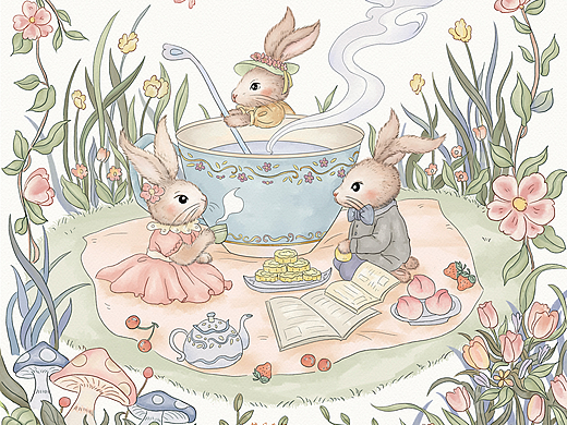 复古田园风淡彩兔子下午茶插画
