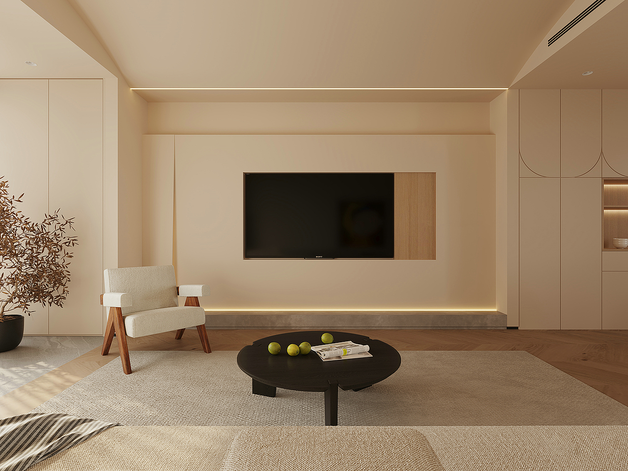 简约的家具线条,与温暖的灯光相得益彰