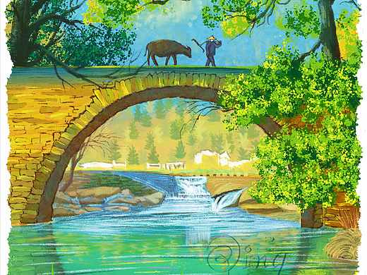 江西城市风景手绘插画