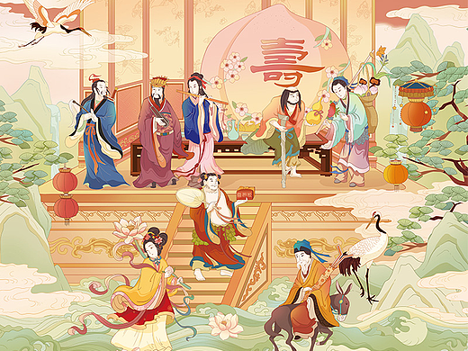 八仙贺寿国风包装礼盒插画
