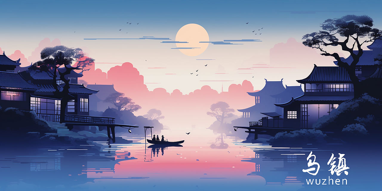MJ笔下乌镇,块面插画里的水乡诗篇 已商用(图ZMzc2MDg2MzA4) - AI作品 - 站酷设计师三之毛的猫原创素材 - 站酷ZCOOL