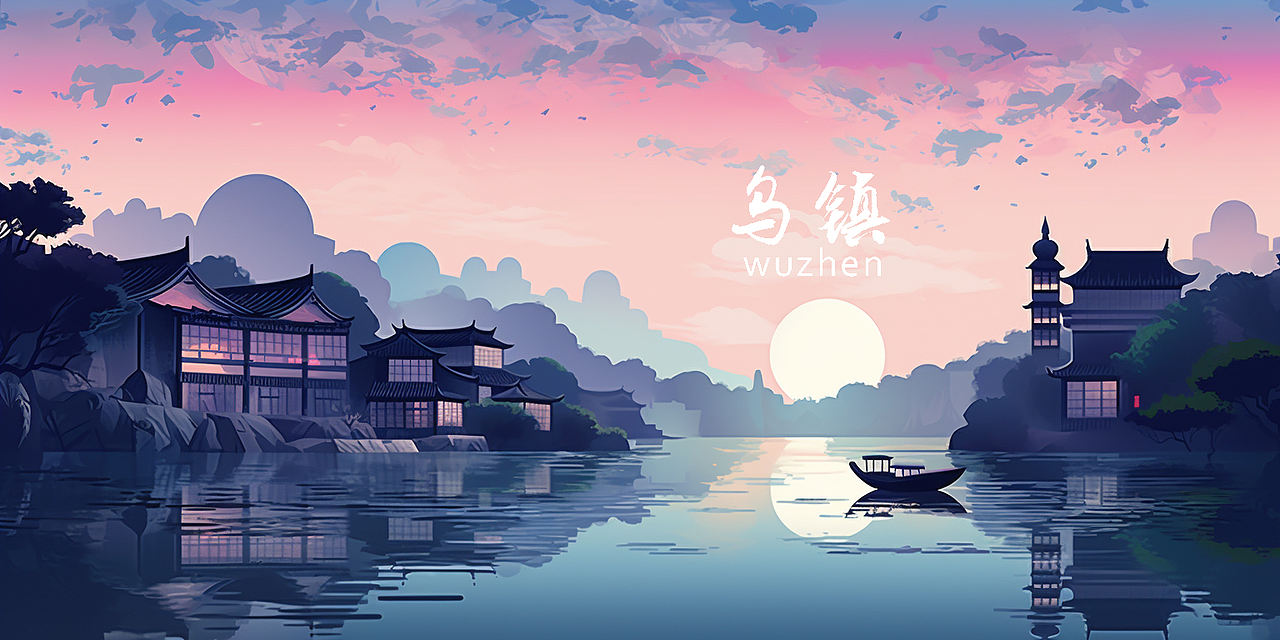 MJ笔下乌镇,块面插画里的水乡诗篇 已商用(图ZMzc2MDg2MzE2) - AI作品 - 站酷设计师三之毛的猫原创素材 - 站酷ZCOOL