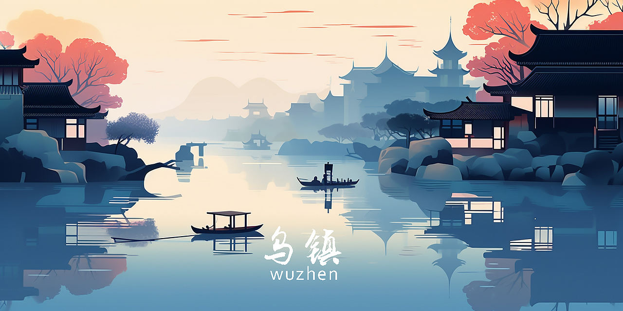 MJ笔下乌镇,块面插画里的水乡诗篇 已商用(图ZMzc2MDg2MzIw) - AI作品 - 站酷设计师三之毛的猫原创素材 - 站酷ZCOOL