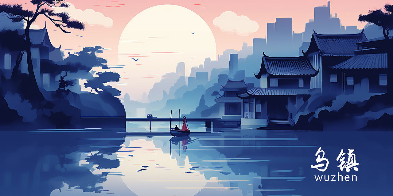 MJ笔下乌镇,块面插画里的水乡诗篇 已商用(图ZMzc2MDg2MzEy) - AI作品 - 站酷设计师三之毛的猫原创素材 - 站酷ZCOOL