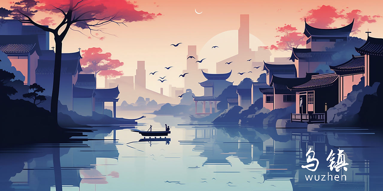 MJ笔下乌镇,块面插画里的水乡诗篇 已商用(图ZMzc2MDg2MzI4) - AI作品 - 站酷设计师三之毛的猫原创素材 - 站酷ZCOOL