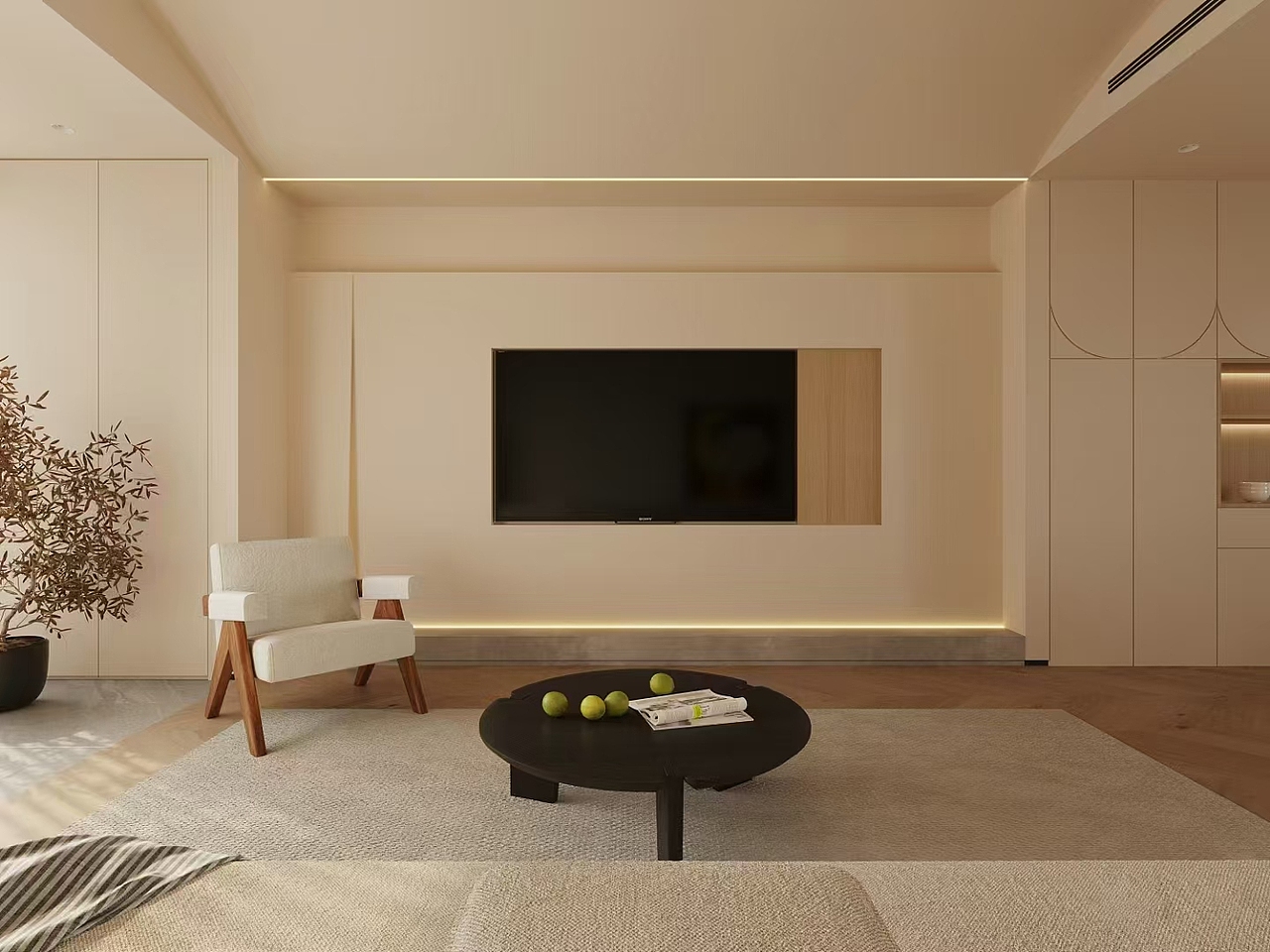 简约的家具线条，与温暖的灯光相得益彰