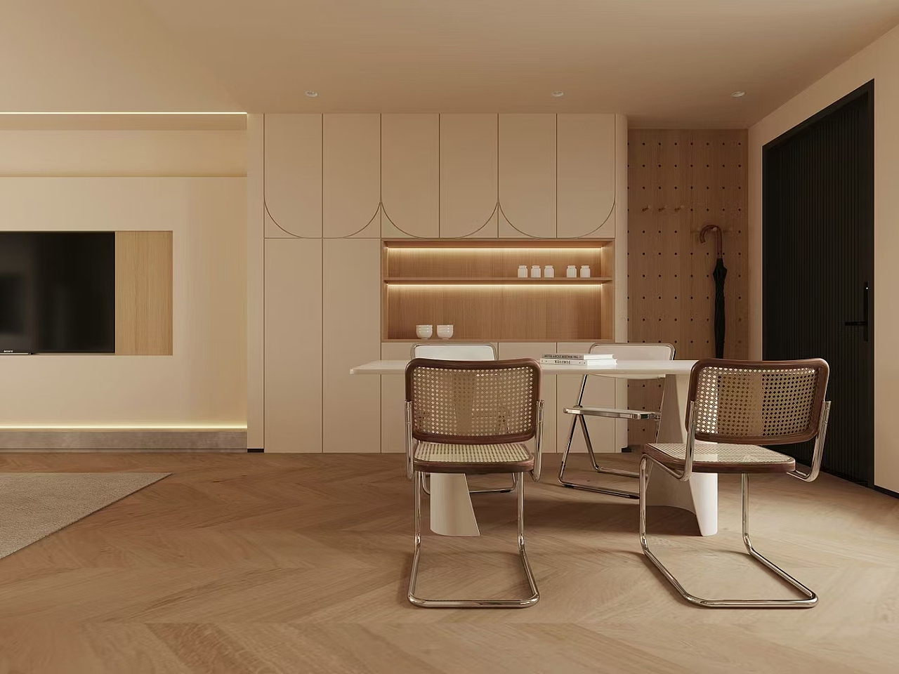 简约的家具线条，与温暖的灯光相得益彰