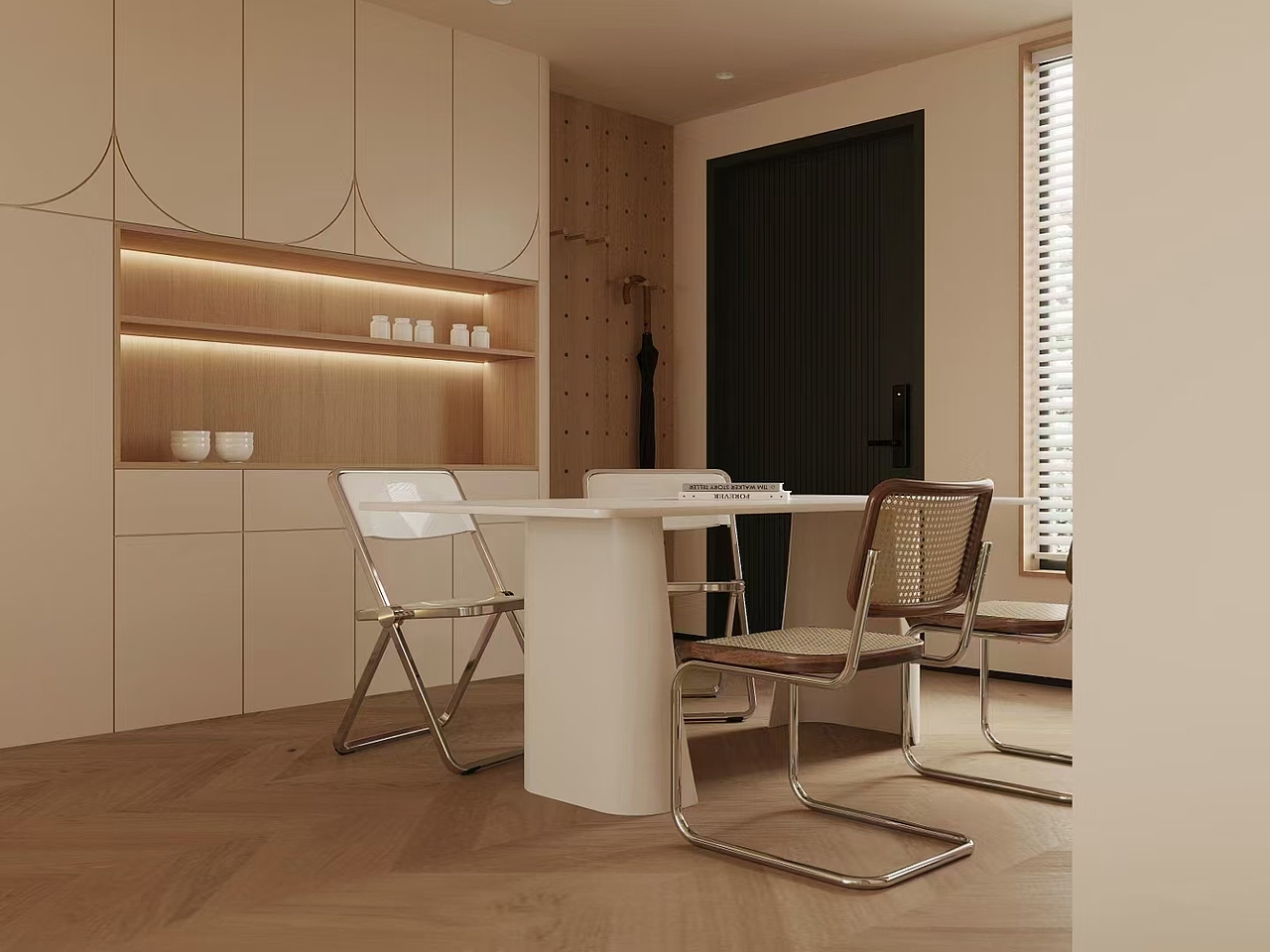 简约的家具线条,与温暖的灯光相得益彰