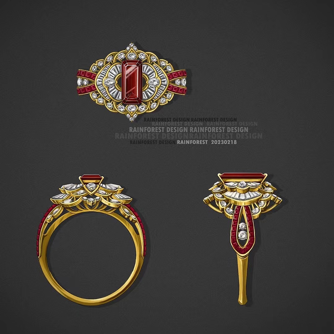珠宝设计-红宝石戒指三视图