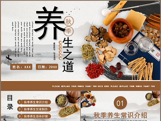 复古中国风秋季养生之道养生文化宣传PPT模板