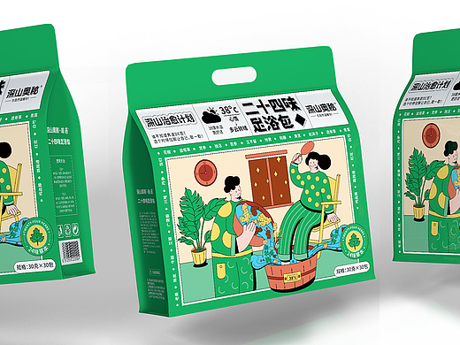 一组原创的足浴包包装设计作品，插画设计风格，药材