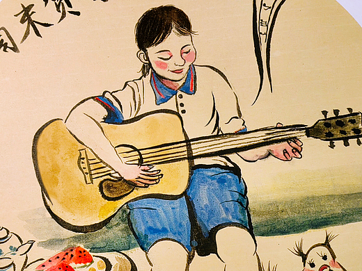 弹吉他的小女孩-水墨风手绘插画