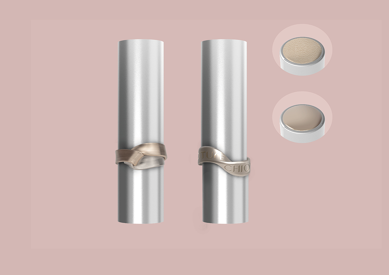 当时还做了两个莫比乌斯环的概念口红,顶部可贴皮,管身为纯铝件,中间造型设定可做戒指