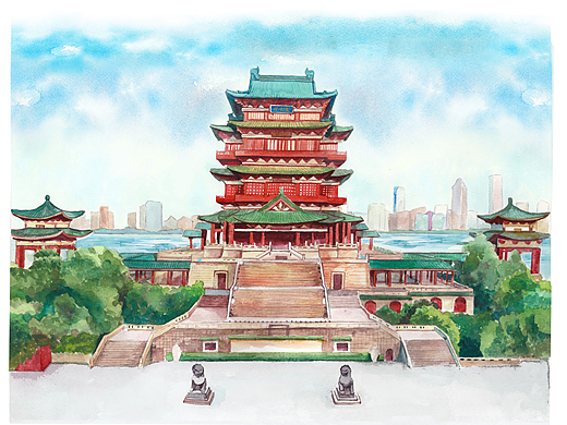 全国各省著名的水彩风景山水建筑