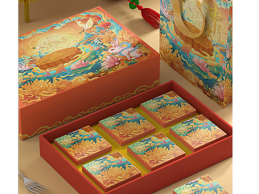 中秋月饼礼盒包装插画设计