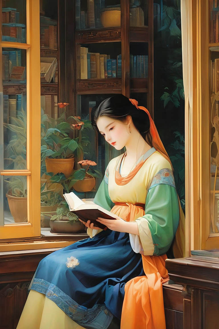坐在窗户前看书的女孩