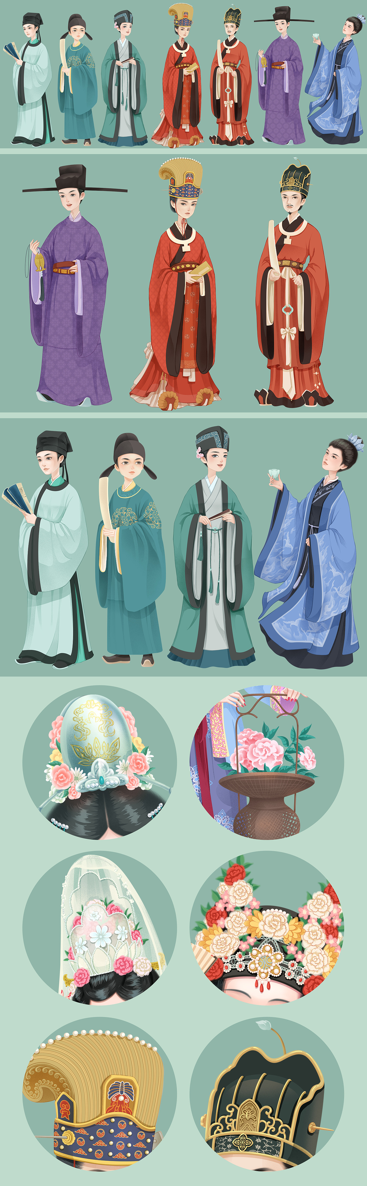 图中为不同身份男子穿着,分别为:书生、官员、文人、太子、官员礼服、官员公服、文人御寒穿着