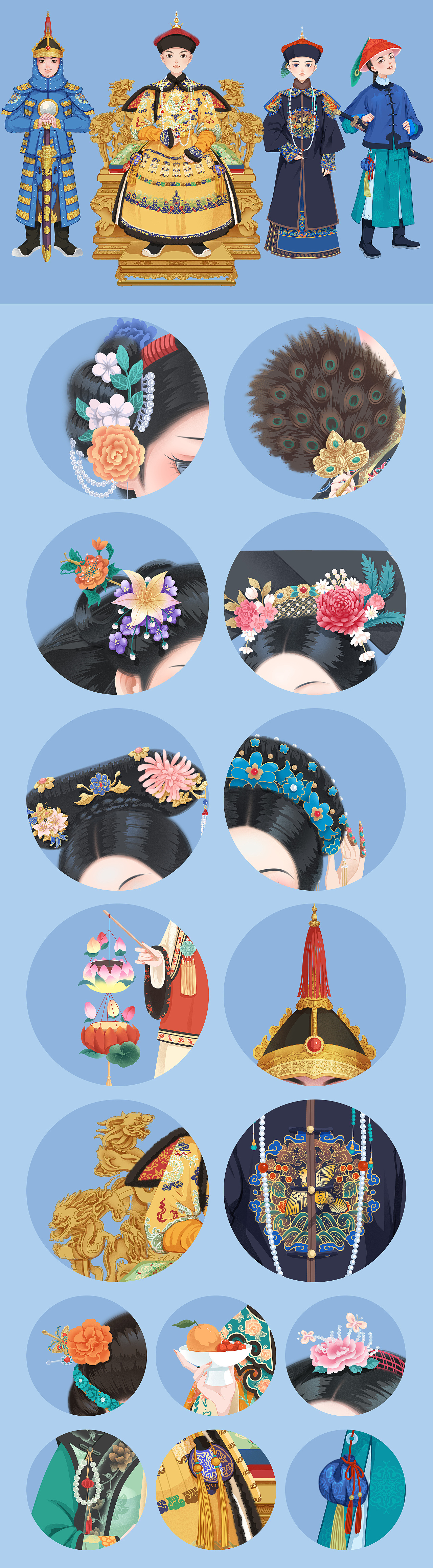 图中男子穿着分别为清朝时期:士兵、皇帝、大臣、卒吏
