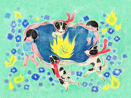 小狗与火焰/手绘插画