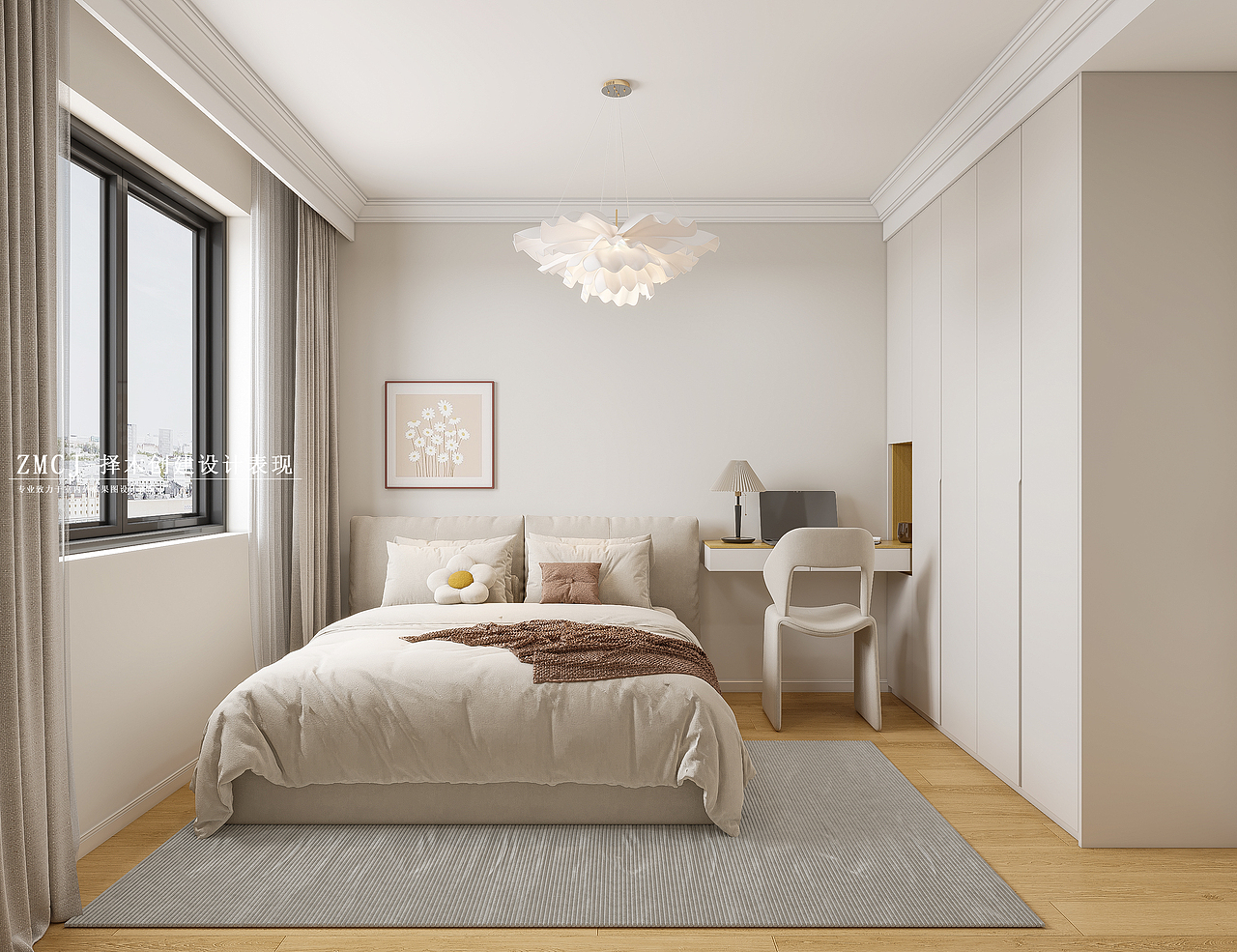 原木奶油风客餐厅厨房卧室—择木创建新晨效果图