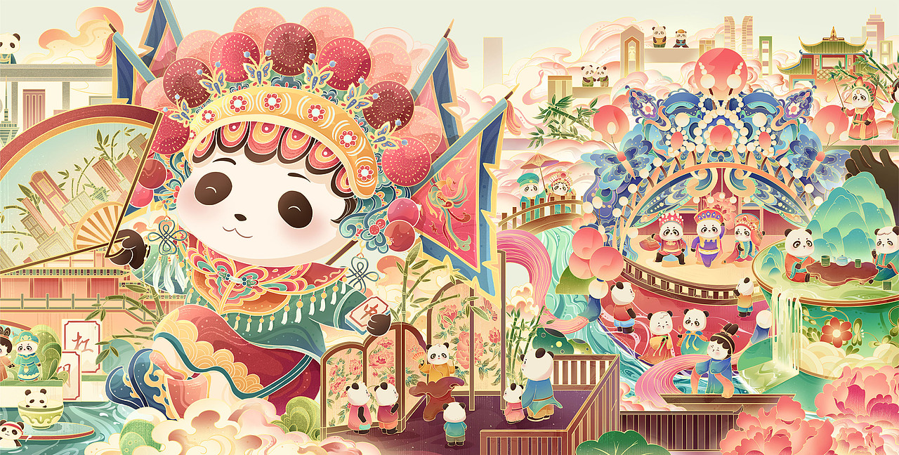 【川剧x熊猫】插画长卷|国潮商业插画（图ZMzc3ODIzNDky） - 商业插画 - 站酷设计师画画的微子原创素材 - 站酷ZCOOL