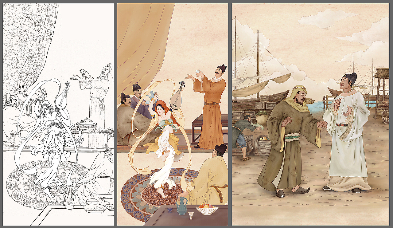 丝绸交易现场展示--插画设计创作