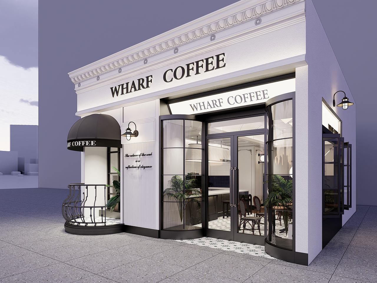 门头白色防水乳胶漆,通过主入口的两侧弧形破局,将精致化、法式的质感融入到结构中,凹造型,做到差异化的视觉呈现