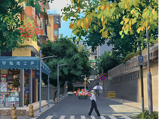 广州街景场景绘画