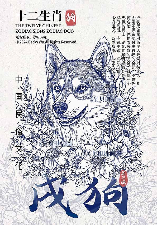 生肖狗,十二生肖插画,狗年大吉,狗年新春,狗年装饰画