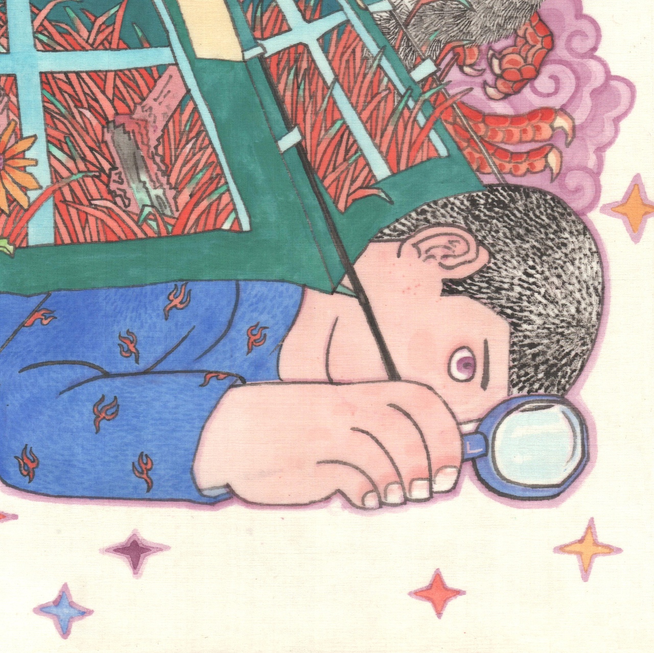 地上一闪一闪的，你趴着用放大镜仔细地查看，原来是星星为你打的灯。