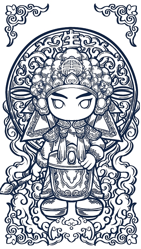 武生线稿,一开始想加一些祥云和蝙蝠纹,但线稿出来后感觉有些乱,就去掉了。统一换底纹突出形象。