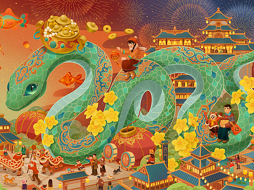 2025蛇年插画贺岁图