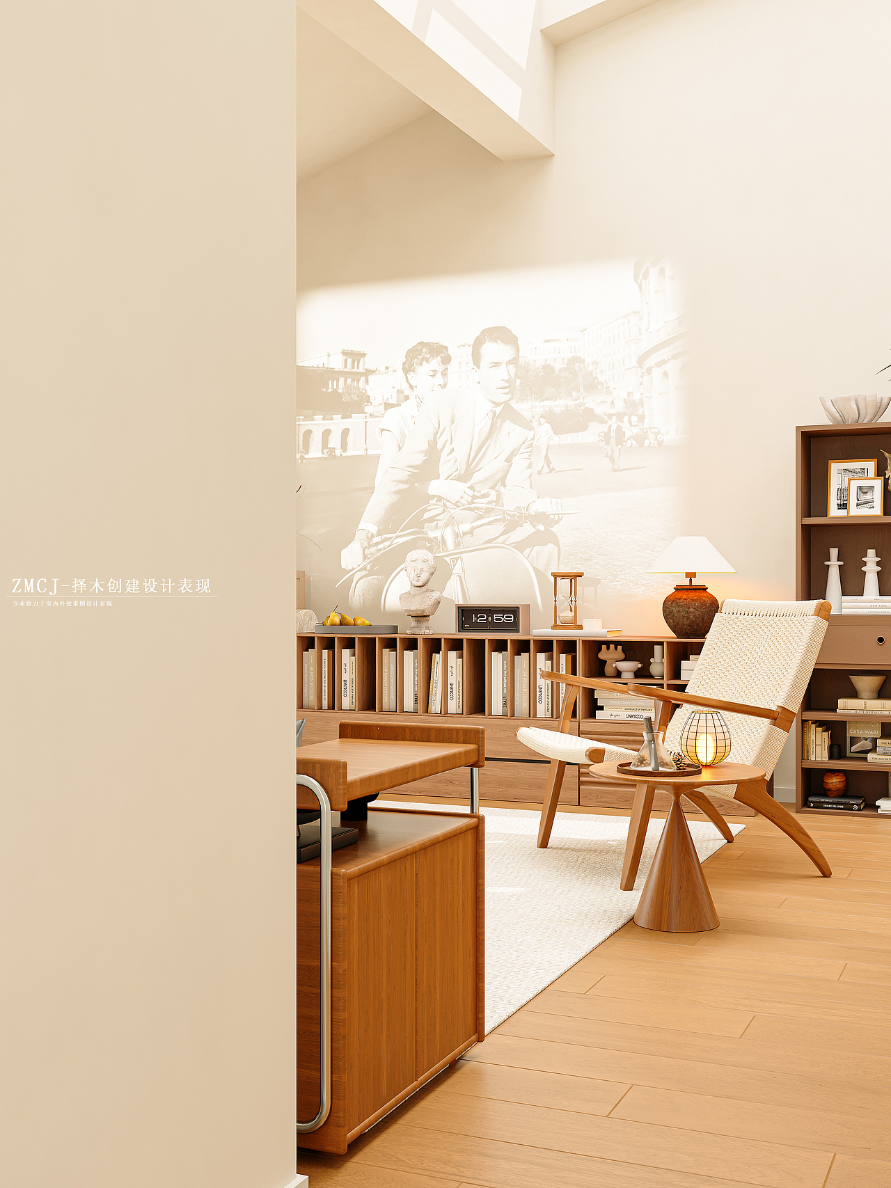 侘寂风阁楼书房卧室—择木创建新晨效果图