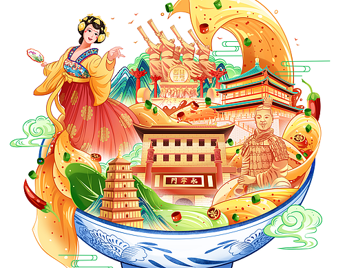 西安重庆杭州国风景点插画