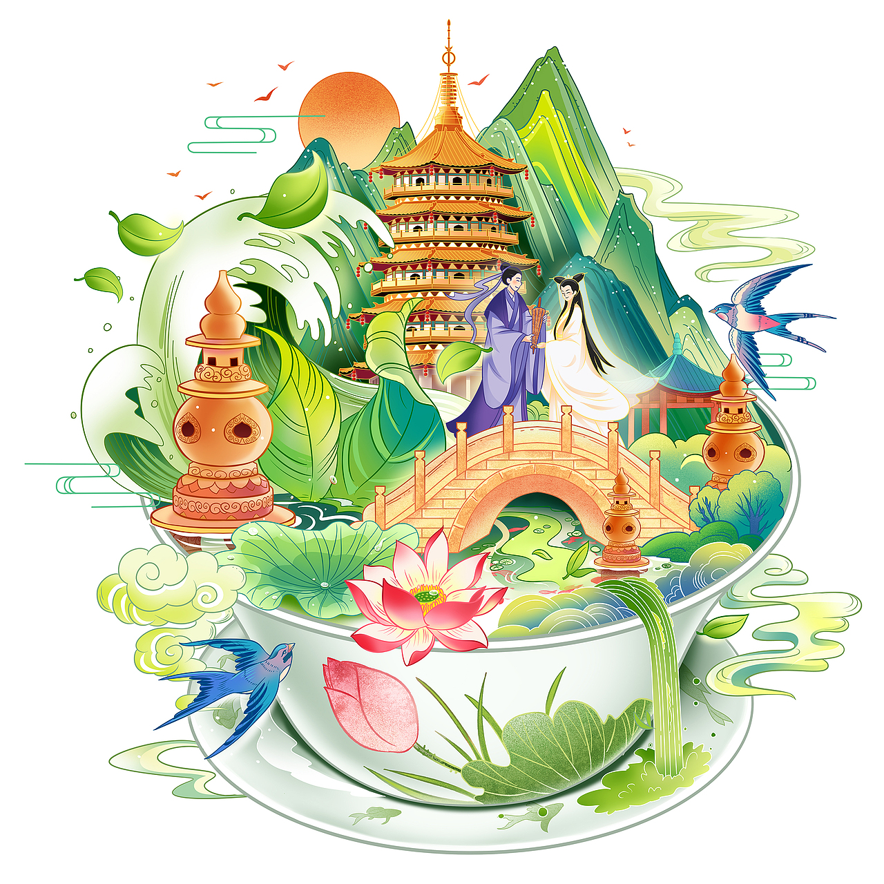 西安重庆杭州国风景点插画（图ZMzc4NDU3NTY4） - 商业插画 - 站酷设计师晓绘趣味策划原创素材 - 站酷ZCOOL
