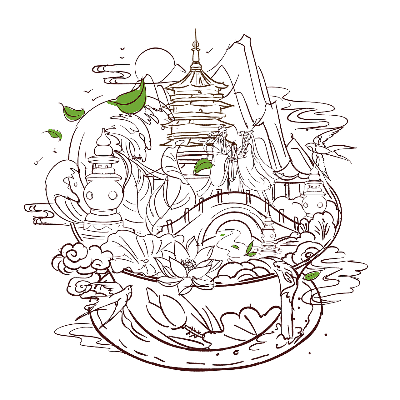 西安重庆杭州国风景点插画