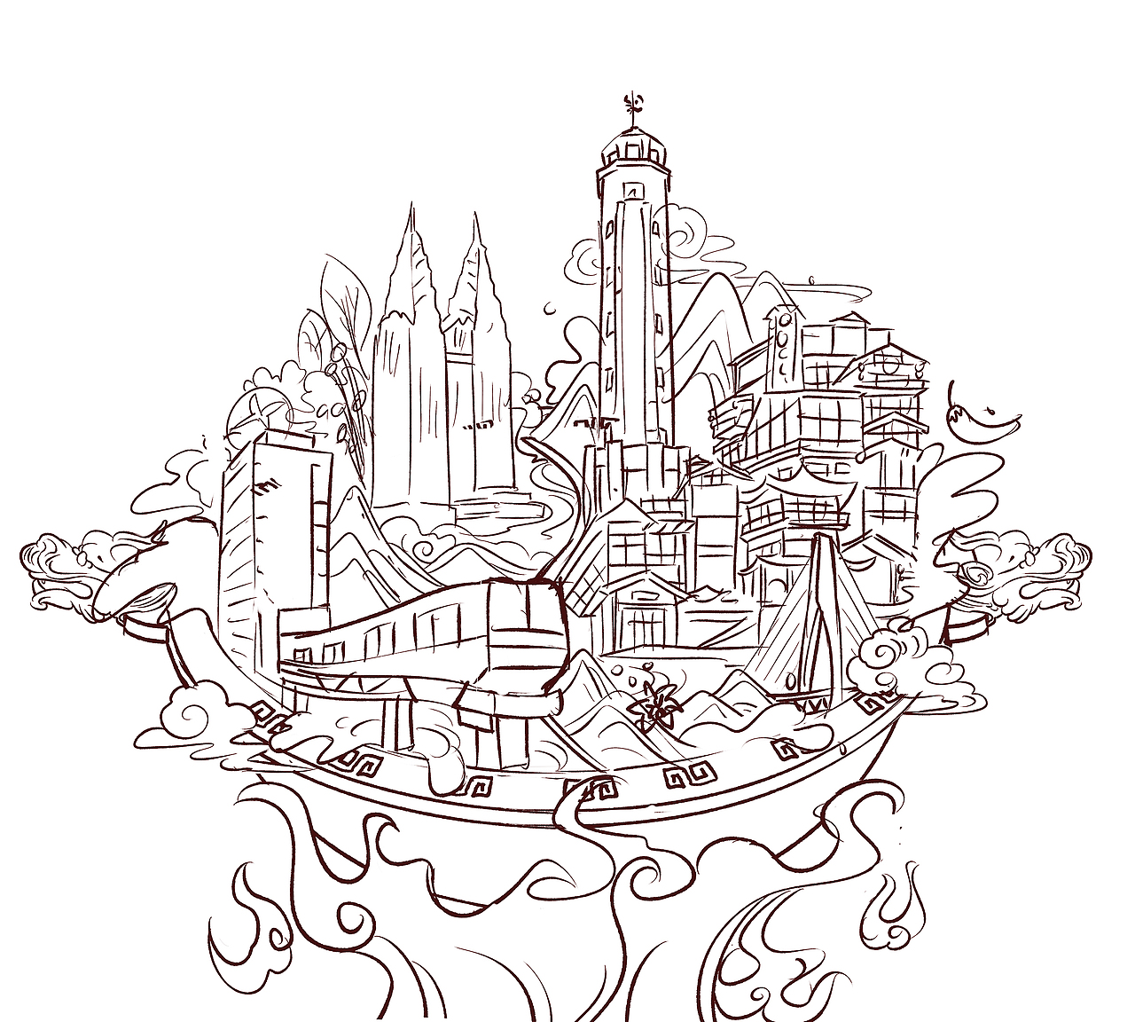 西安重庆杭州国风景点插画