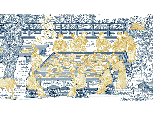 宋徽宗饮酒赋诗版画/酒包装插画设计