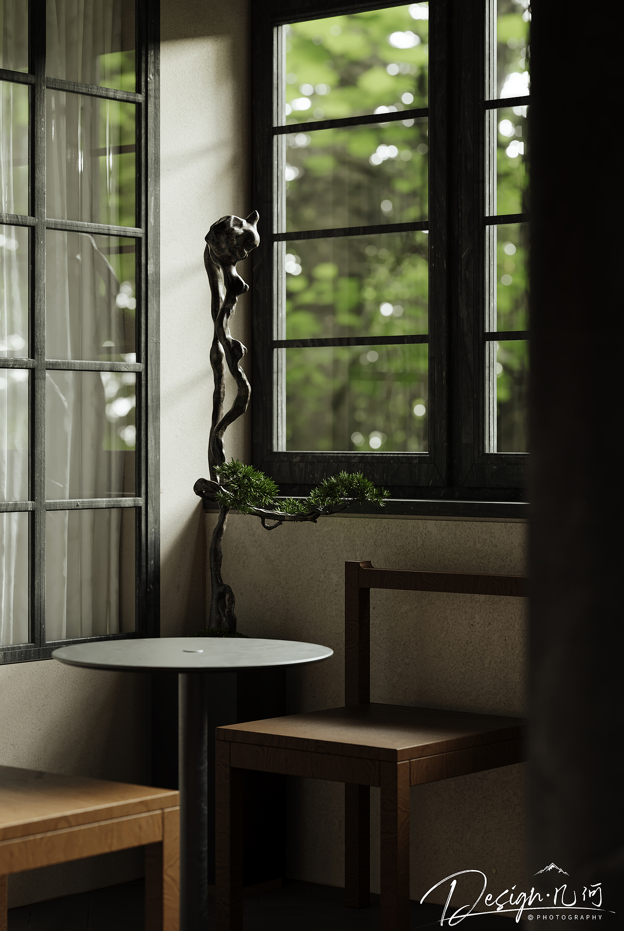 几何空间视觉表现 | “既不晚”茶室渲染