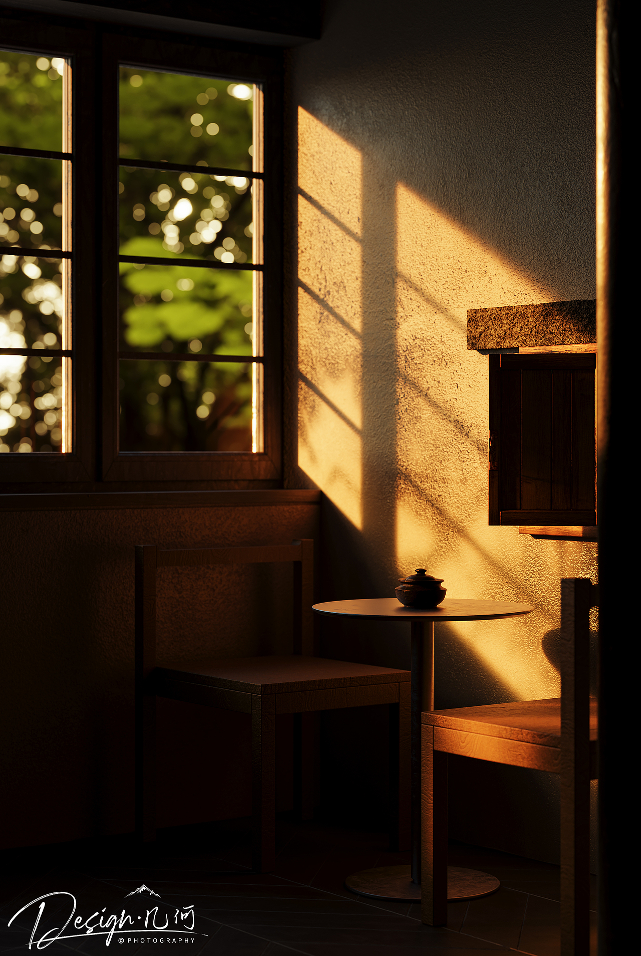 几何空间视觉表现 | “既不晚”茶室渲染