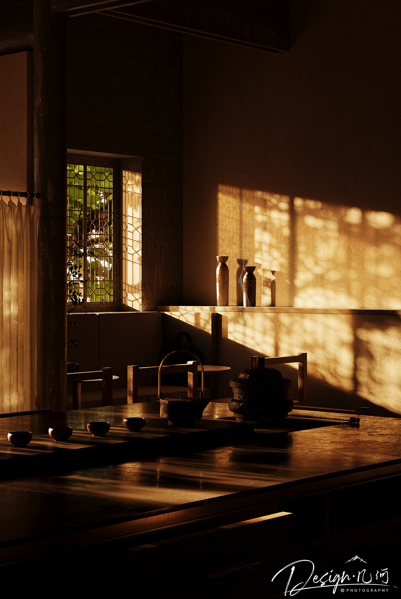 几何空间视觉表现 | “既不晚”茶室渲染