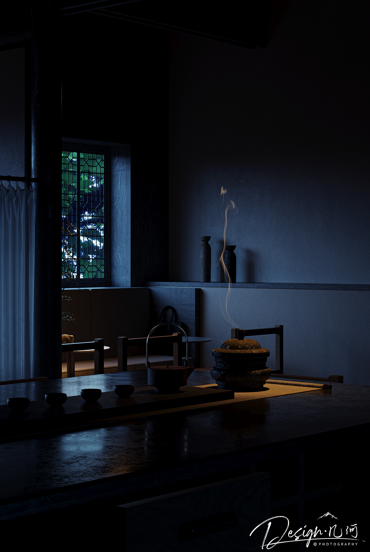 几何空间视觉表现 | “既不晚”茶室渲染