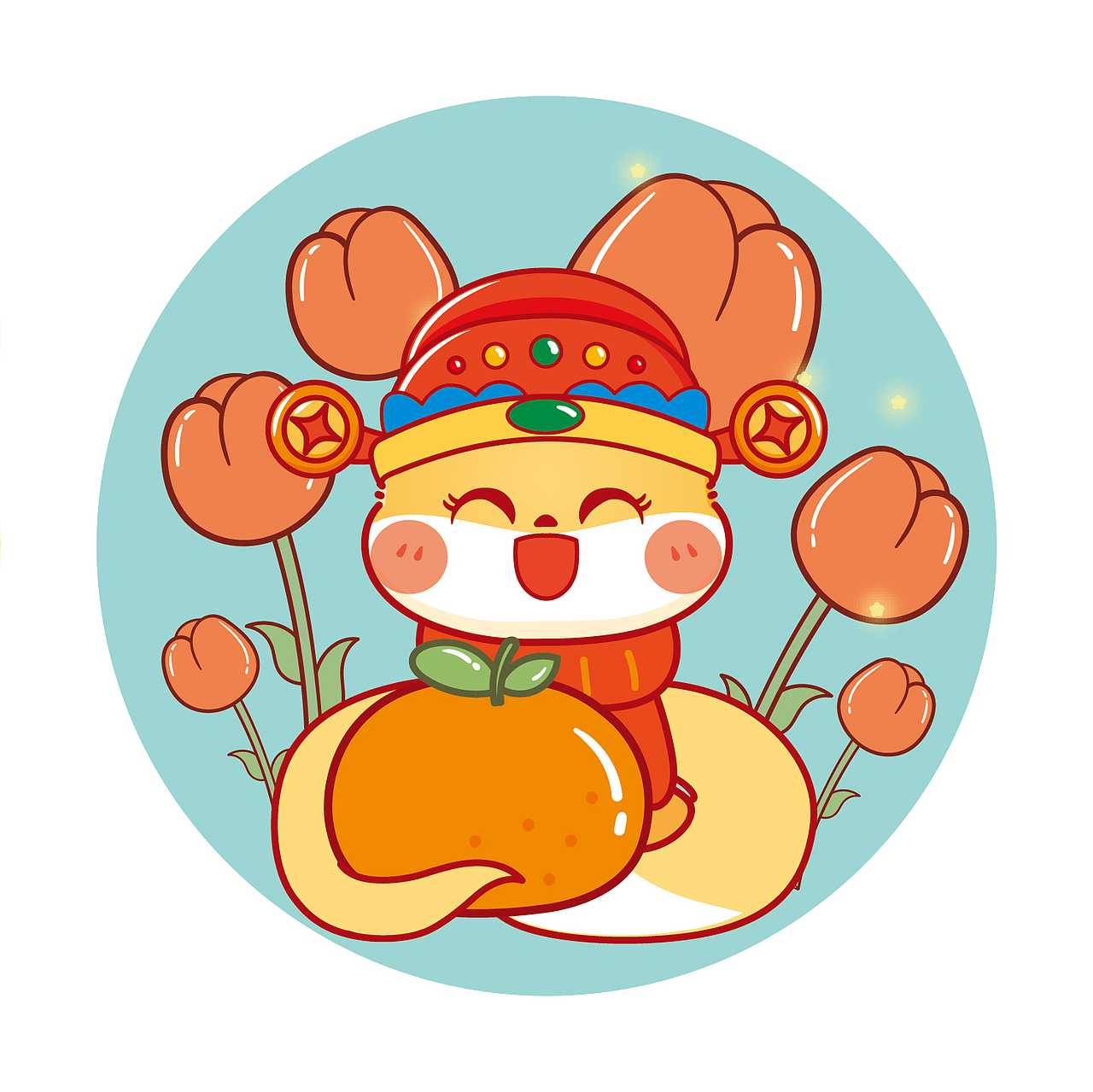 蛇宝宝蛇年生肖IP卡通形象插画圆标贴纸花丛中的小蛇