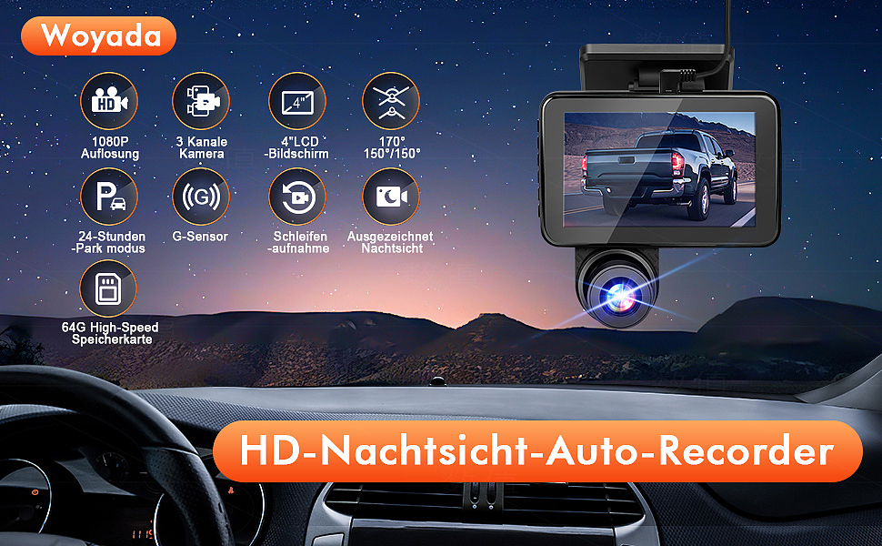 汽车4寸高清夜视行车记录仪三镜头 64G内存卡-亚马逊